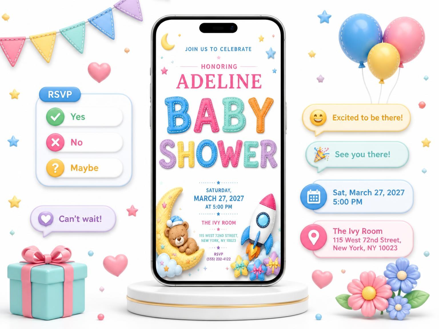 The Toy Rocket Baby Shower Invitation invitation on a phone, with guest RSVPs arriving around it