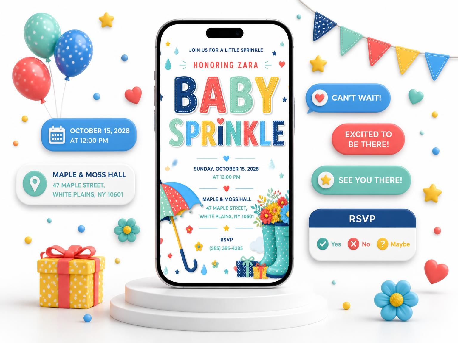 The Patterned Umbrella Baby Sprinkle Invitation invitation on a phone, with guest RSVPs arriving around it