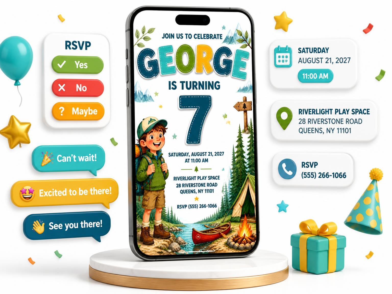 The Young Hiker Stitched 7th Birthday Invitation invitation on a phone, with guest RSVPs arriving around it