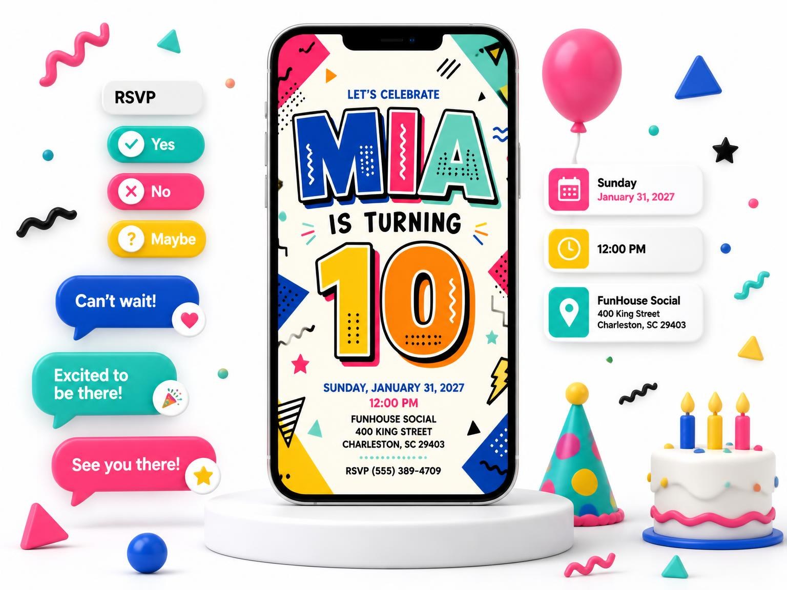 The Memphis Pop 10th Birthday Invitation invitation on a phone, with guest RSVPs arriving around it