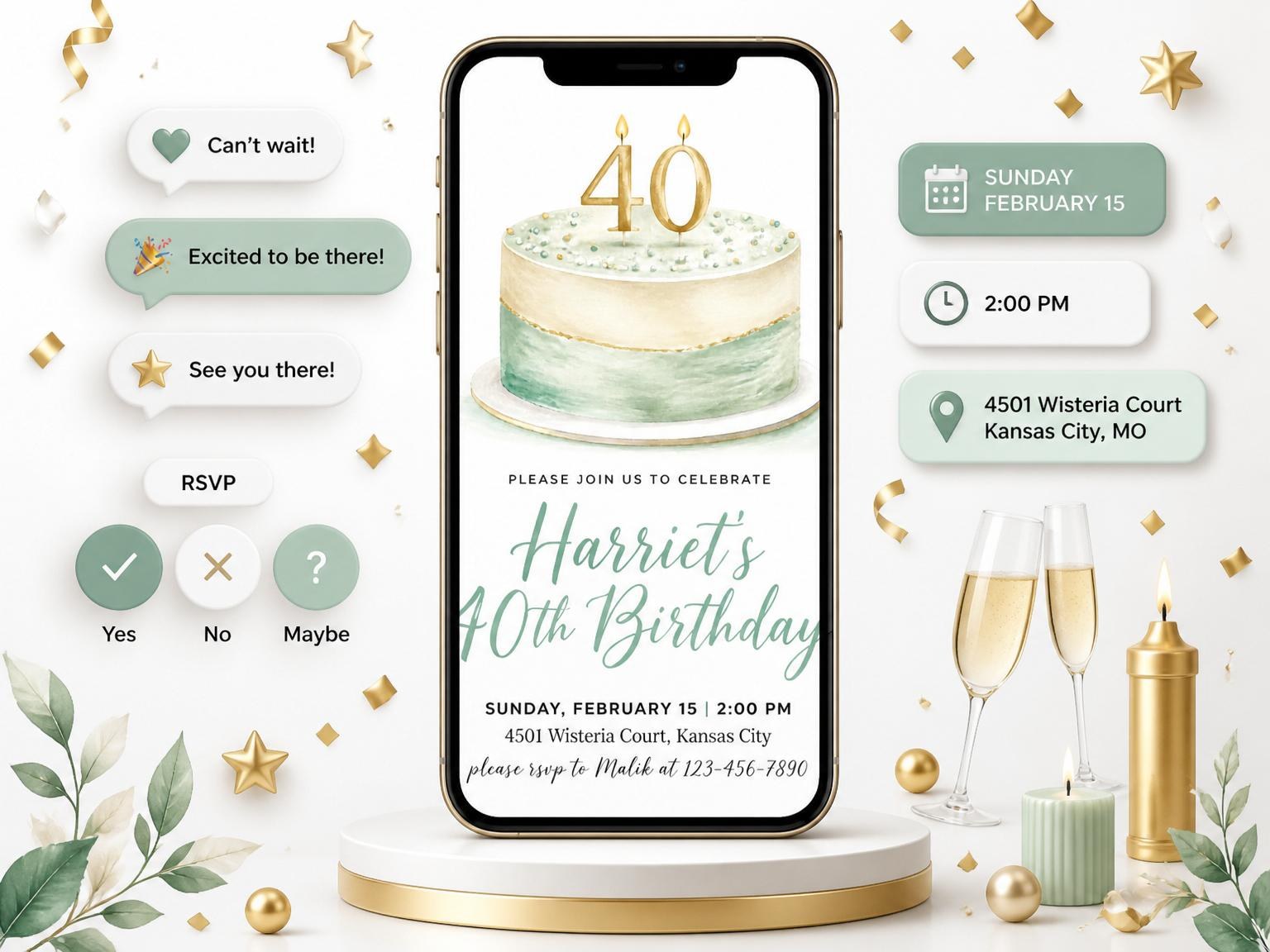 The Sage Watercolor Cake 40th Birthday invitation on a phone, with guest RSVPs arriving around it