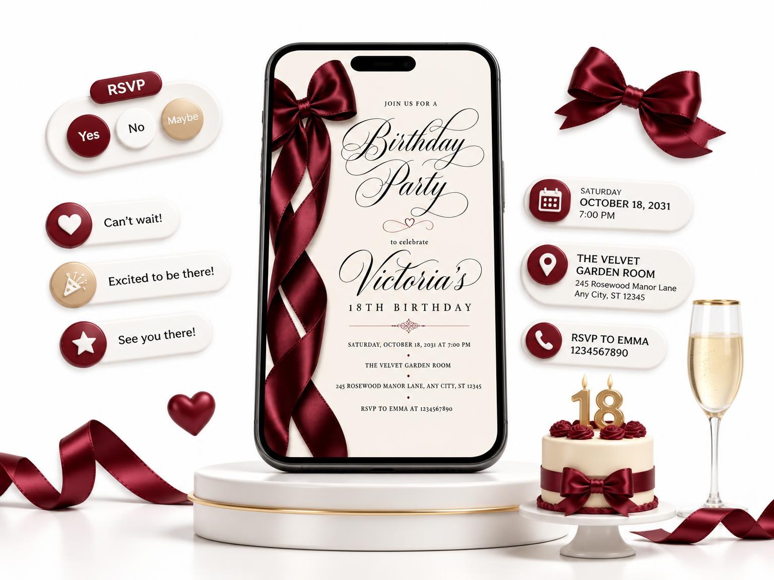 The Burgundy Satin Bow 18th Birthday Invitation invitation on a phone, with guest RSVPs arriving around it
