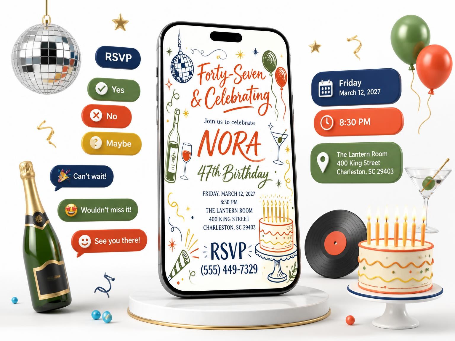 The Retro Doodle 47th Birthday Invitation invitation on a phone, with guest RSVPs arriving around it