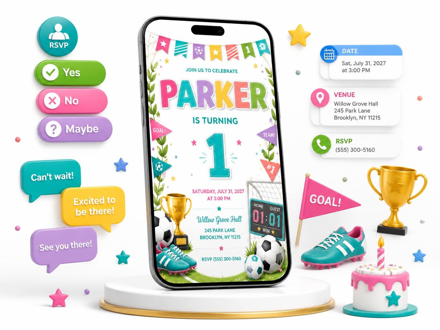 The Stitched Soccer 1st Birthday Invitation invitation on a phone, with guest RSVPs arriving around it