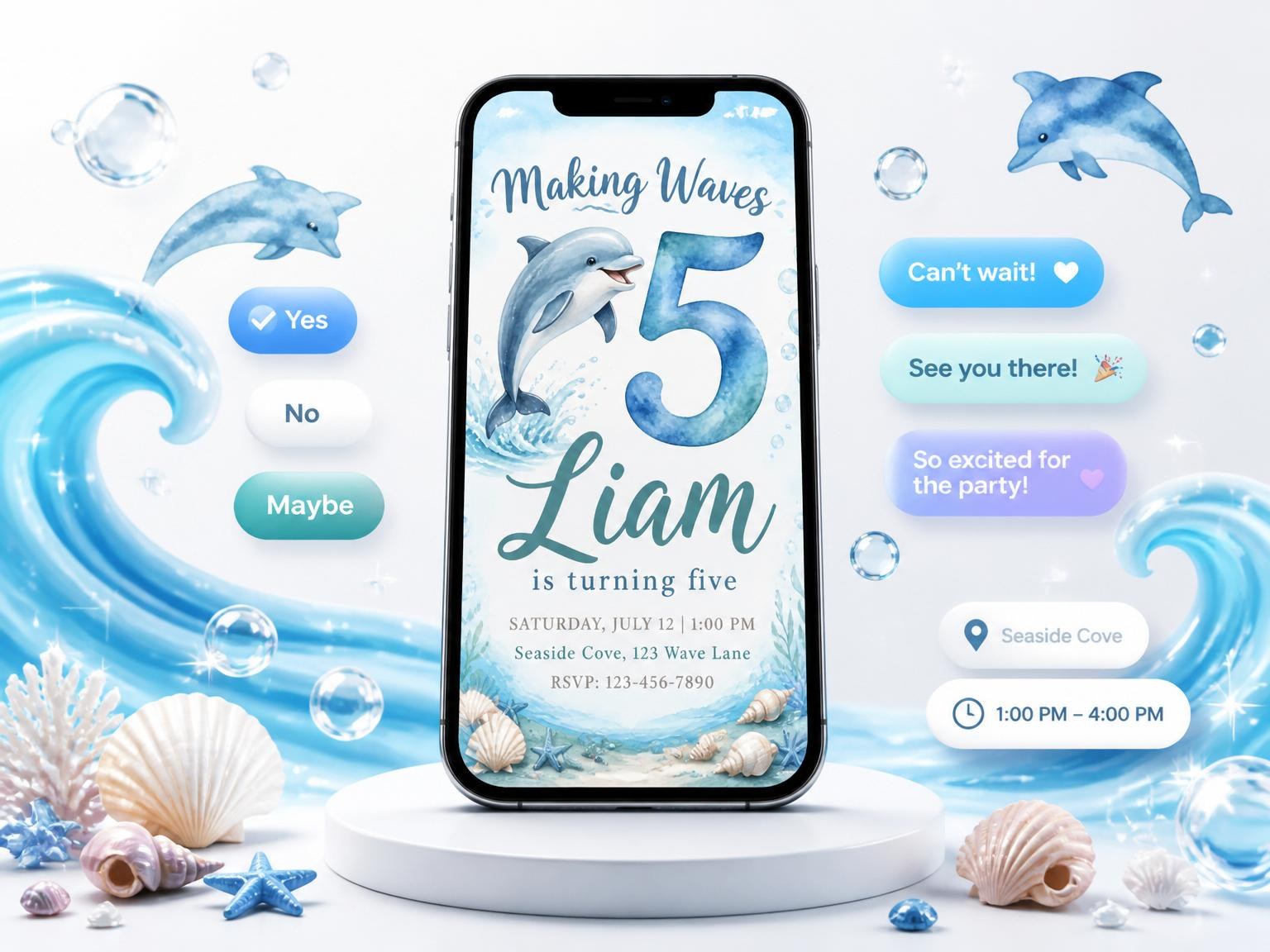 The Watercolor Dolphin Ocean 5th Birthday invitation on a phone, with guest RSVPs arriving around it