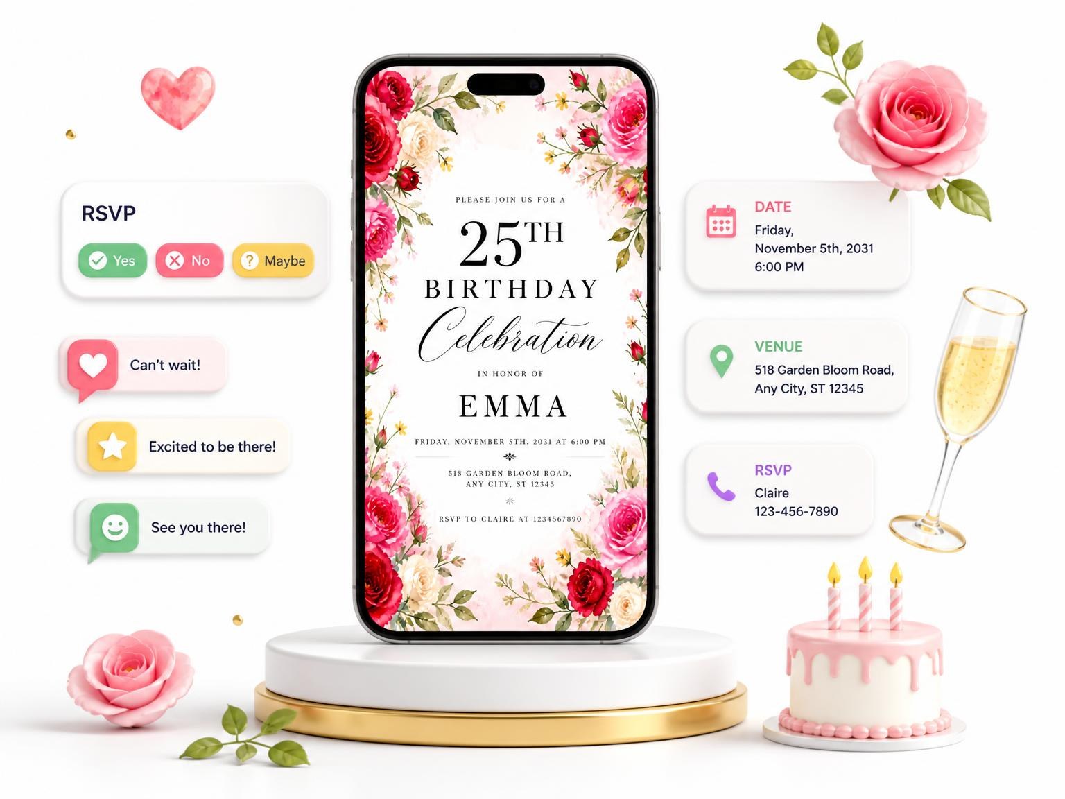 The Floral Garden Scarlet 25th Birthday Invitation invitation on a phone, with guest RSVPs arriving around it
