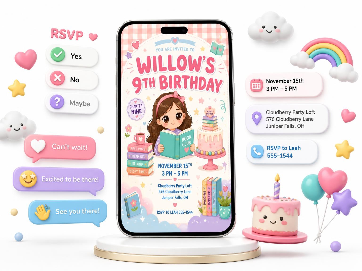 The Kawaii Book Club 9th Birthday Invitation invitation on a phone, with guest RSVPs arriving around it