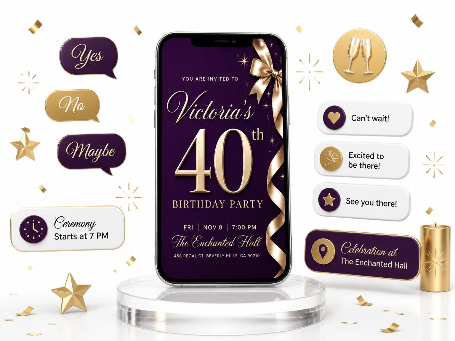 The Royal Purple Gold Ribbon 40th Birthday invitation on a phone, with guest RSVPs arriving around it