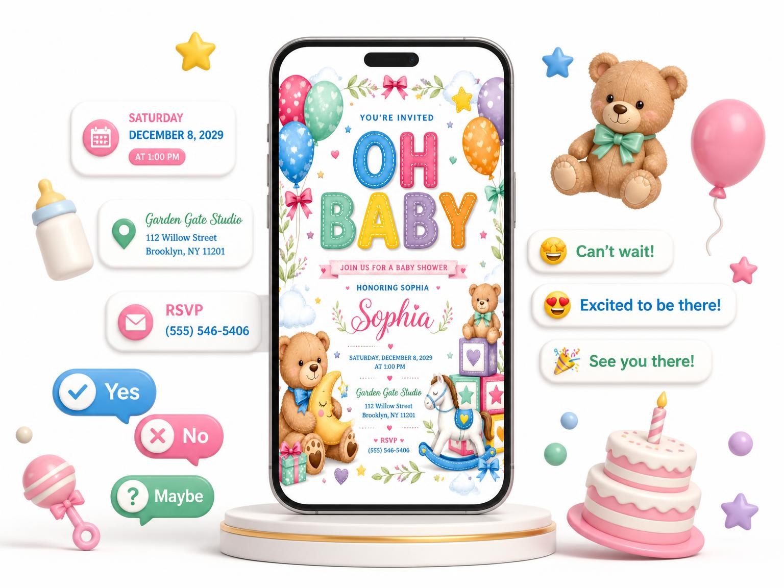 The Pastel Teddy Bear Baby Shower Invitation invitation on a phone, with guest RSVPs arriving around it