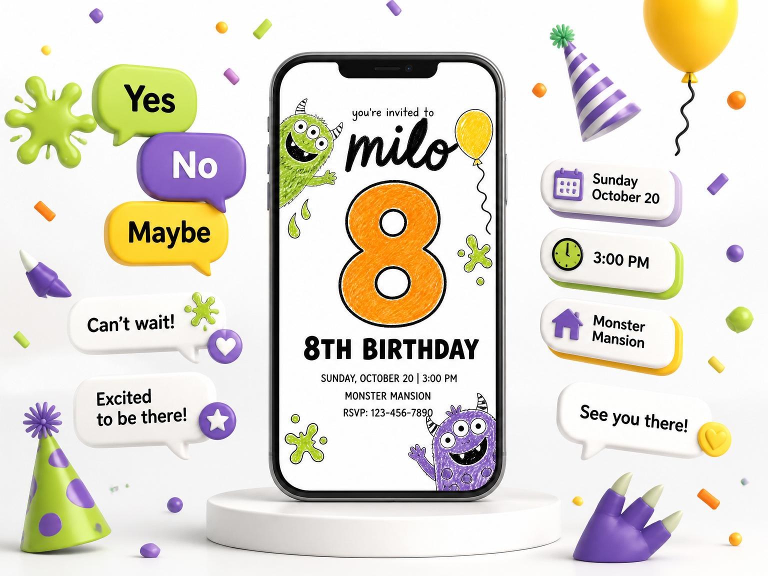 The Crayon Monster Illustration 8th Birthday Party invitation on a phone, with guest RSVPs arriving around it