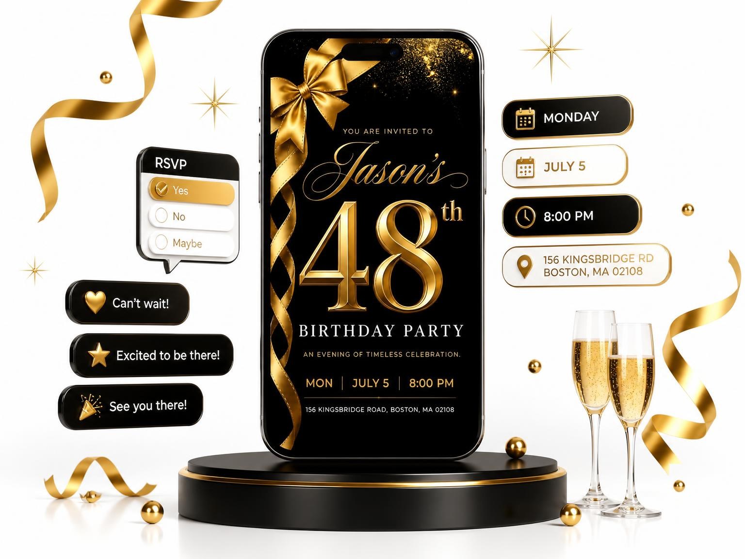 The Black and Gold Ribbon 48th Birthday invitation on a phone, with guest RSVPs arriving around it