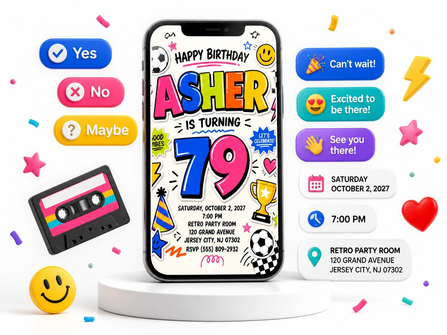 The Sticker Pop 79th Birthday Invitation invitation on a phone, with guest RSVPs arriving around it