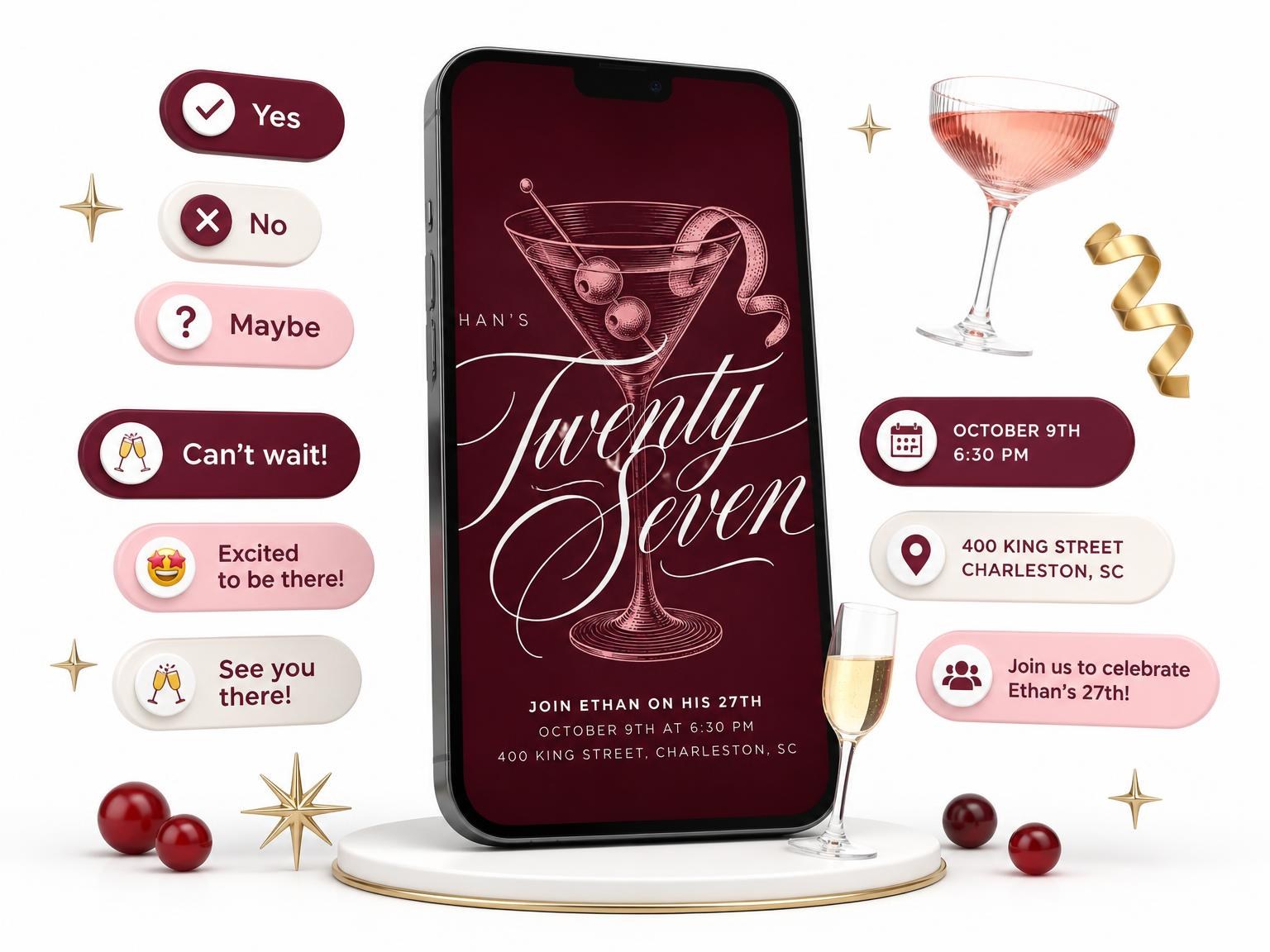 The Burgundy Cocktail 27th Birthday Invitation invitation on a phone, with guest RSVPs arriving around it
