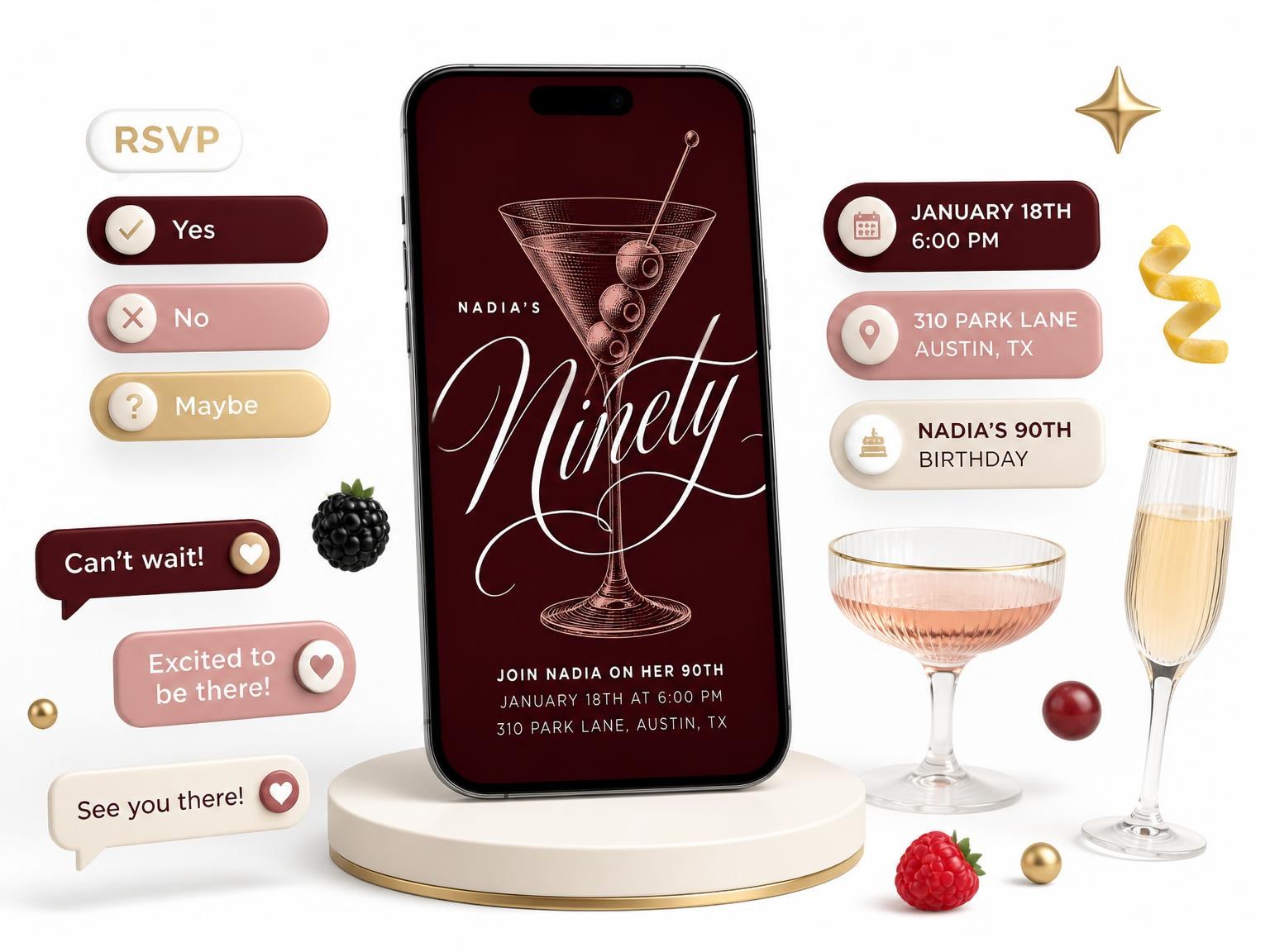 The Burgundy Cocktail 90th Birthday Invitation invitation on a phone, with guest RSVPs arriving around it