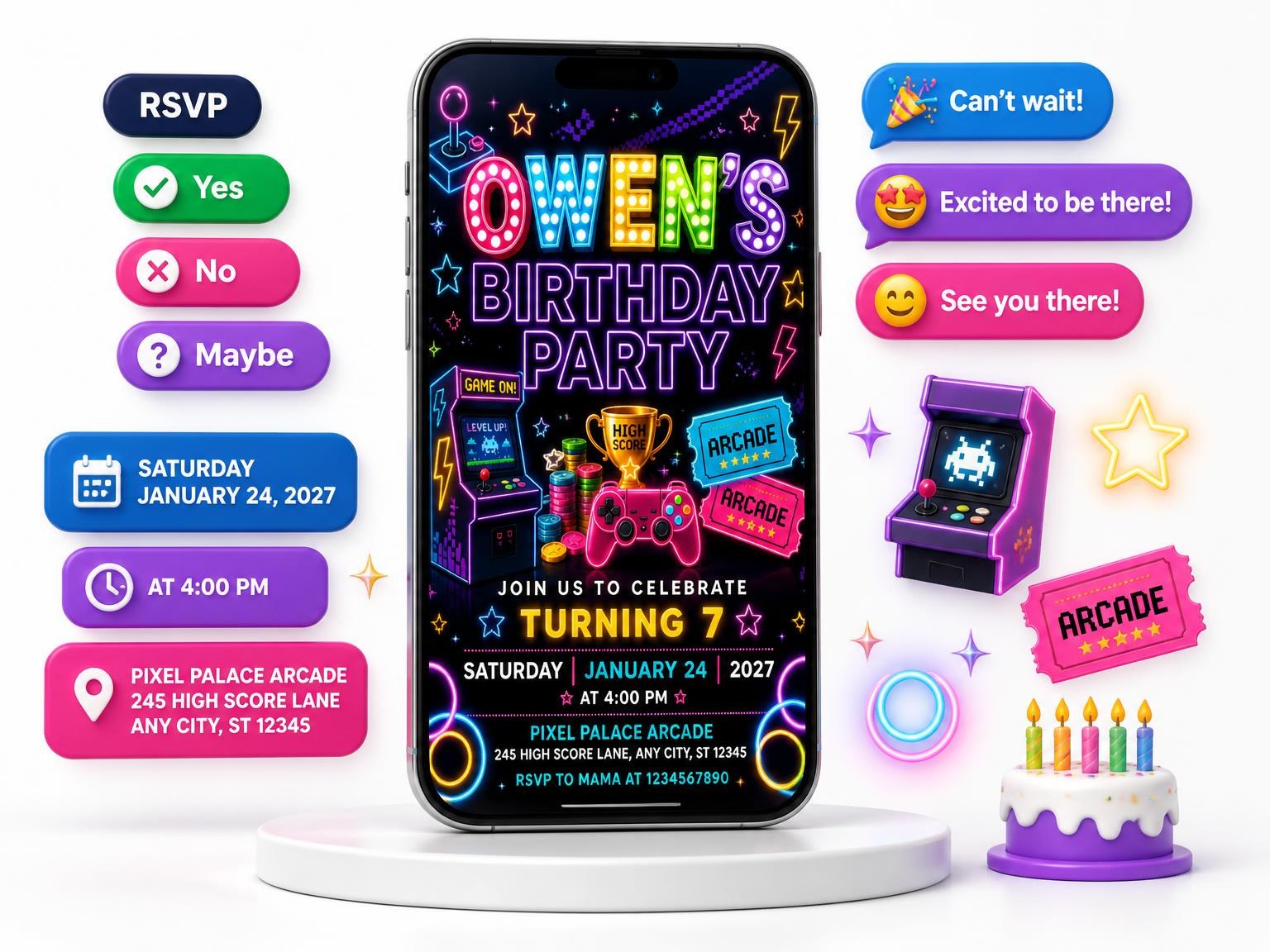 The Neon Arcade 7th Birthday Invitation invitation on a phone, with guest RSVPs arriving around it