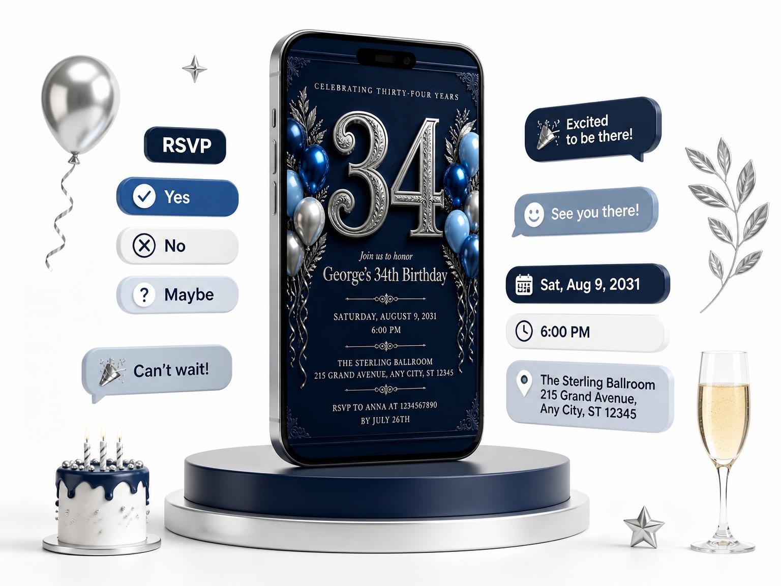 The Navy and Silver 34th Birthday Invitation invitation on a phone, with guest RSVPs arriving around it