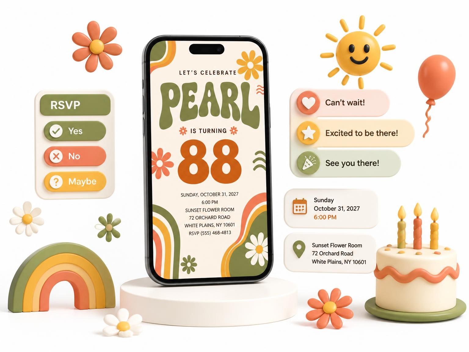 The Groovy Retro 88th Birthday Invitation invitation on a phone, with guest RSVPs arriving around it