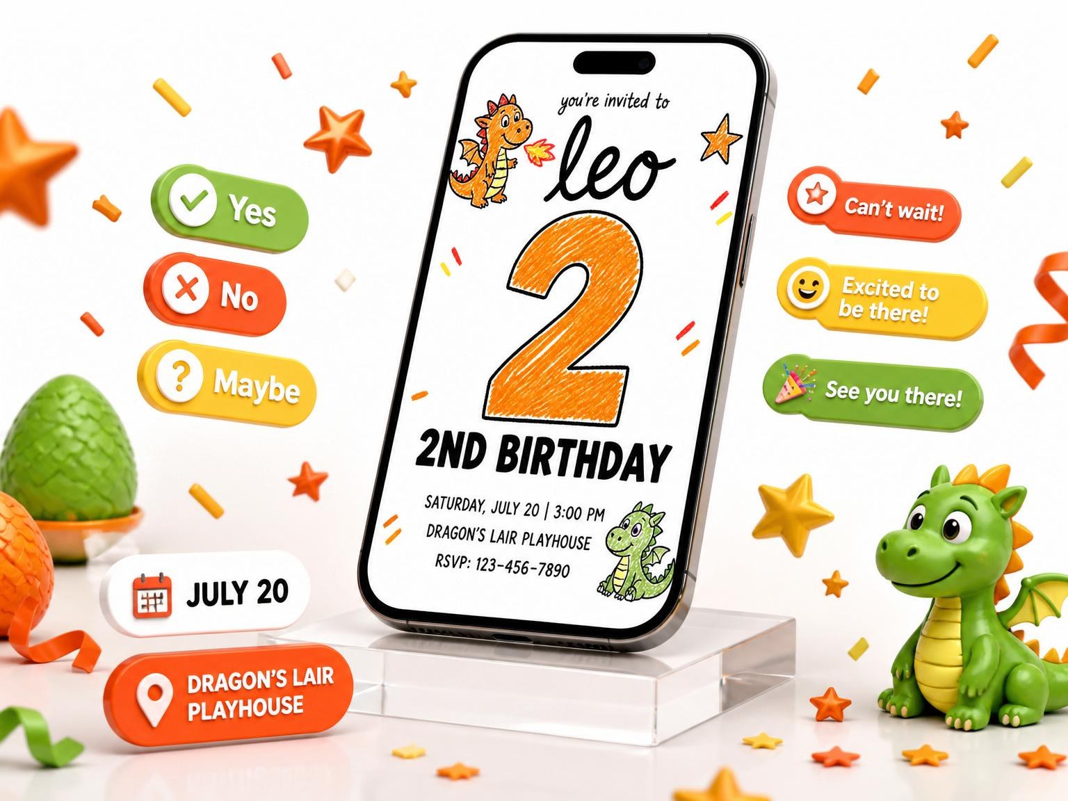The Orange and Green Dragon 2nd Birthday invitation on a phone, with guest RSVPs arriving around it