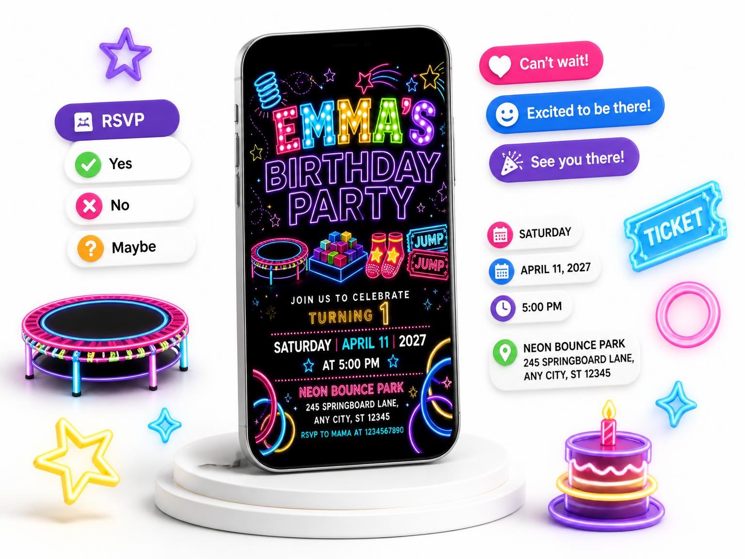 The Neon Trampoline 1st Birthday Invitation invitation on a phone, with guest RSVPs arriving around it