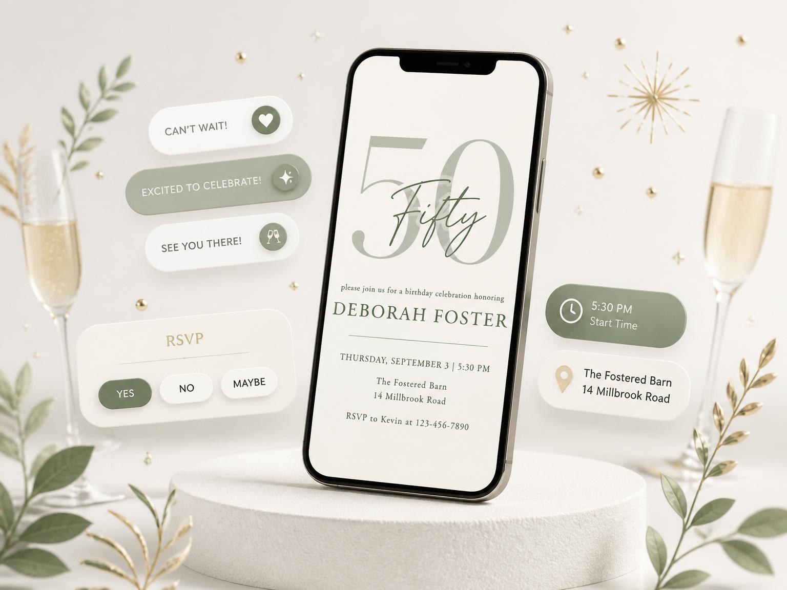 The Minimalist Sage Green 50th Birthday invitation on a phone, with guest RSVPs arriving around it