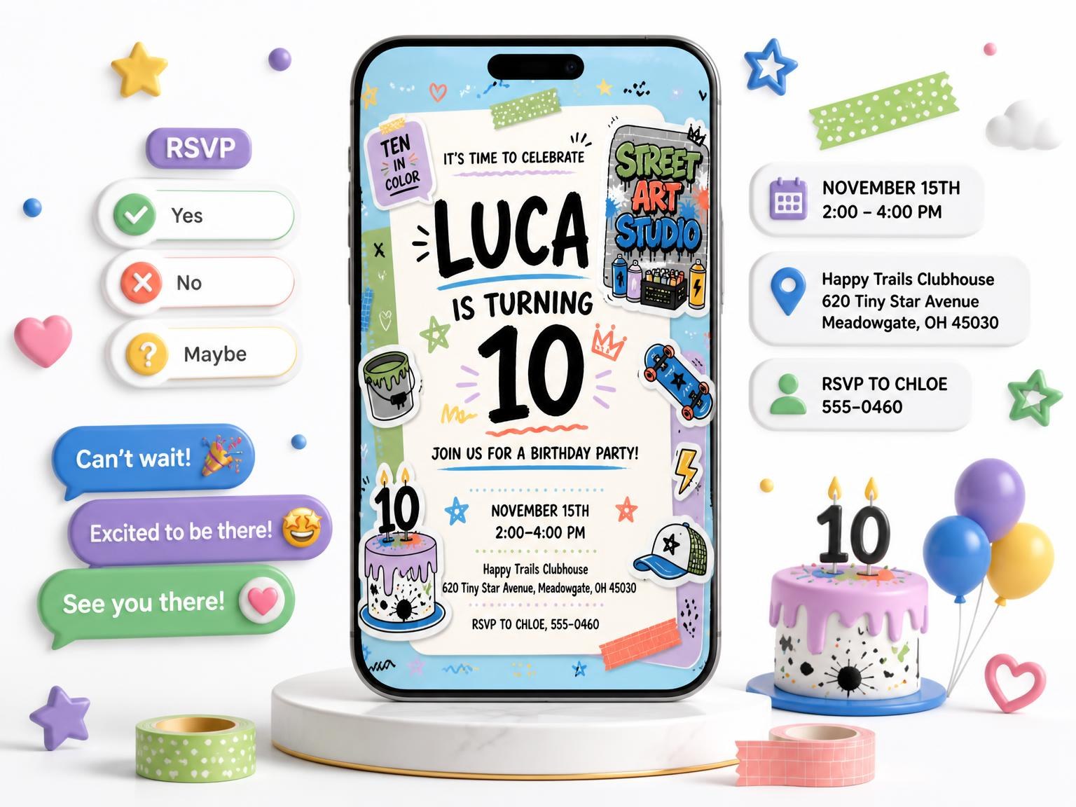 The Pastel Street Art 10th Birthday Invitation invitation on a phone, with guest RSVPs arriving around it