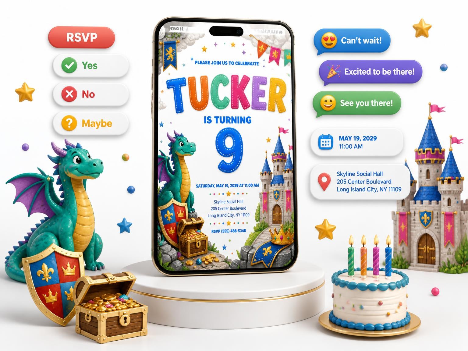 The Stitched Dragon Castle 9th Birthday Invitation invitation on a phone, with guest RSVPs arriving around it