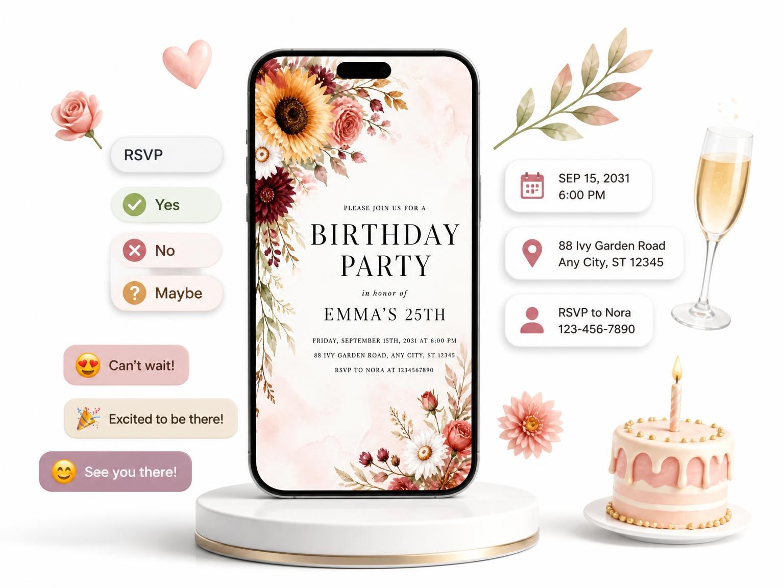 The Autumn Sunflower Bouquet 25th Birthday Invitation invitation on a phone, with guest RSVPs arriving around it