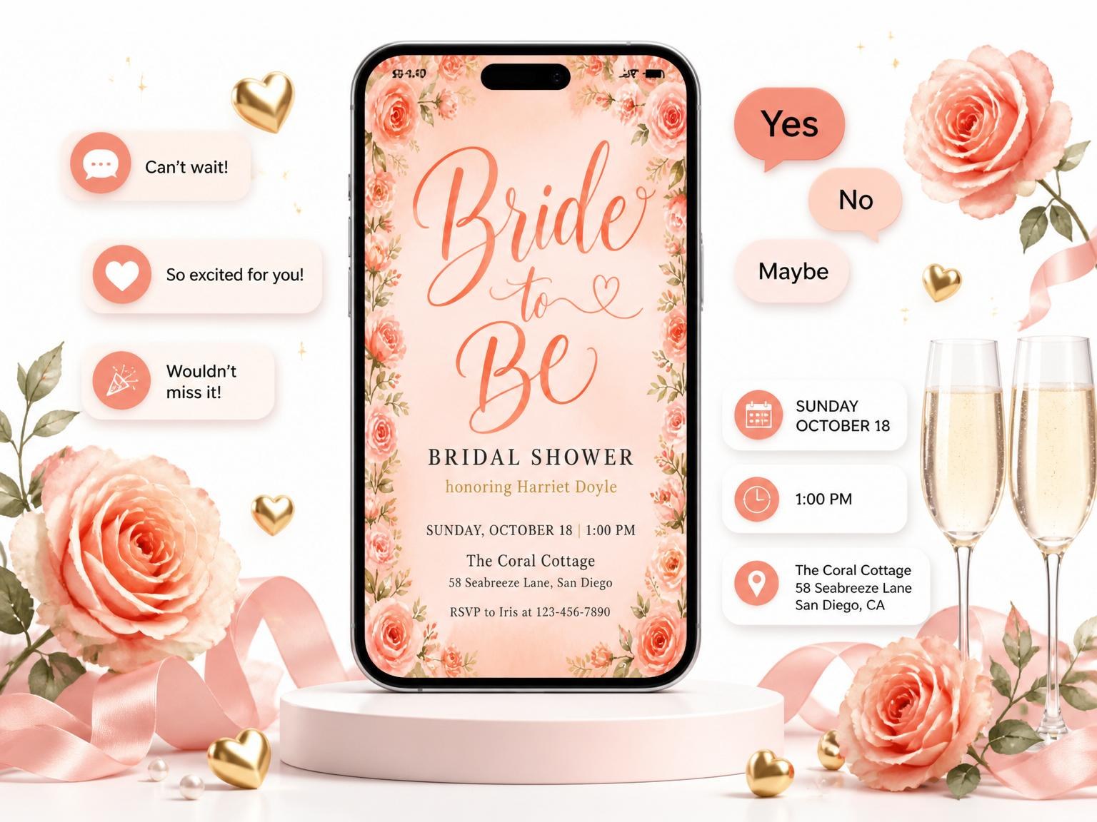 The Watercolor Coral Rose Bridal Shower invitation on a phone, with guest RSVPs arriving around it