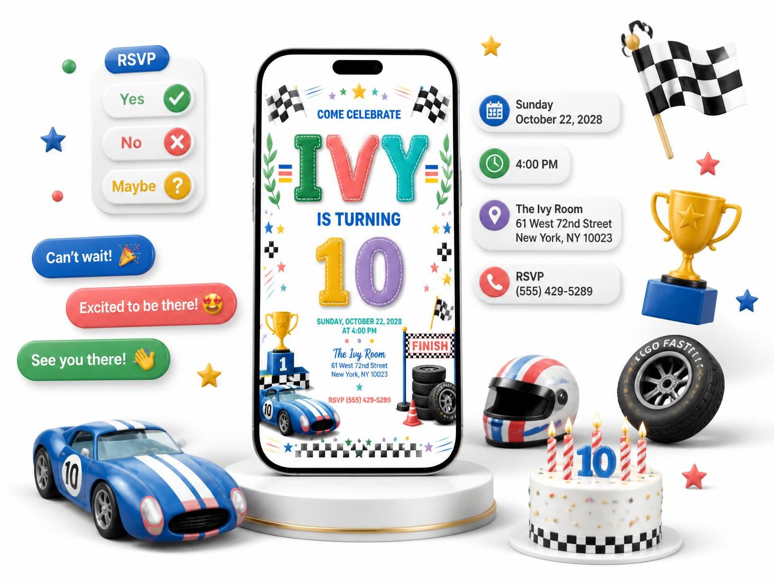 The Stitched Race Car 10th Birthday Invitation invitation on a phone, with guest RSVPs arriving around it