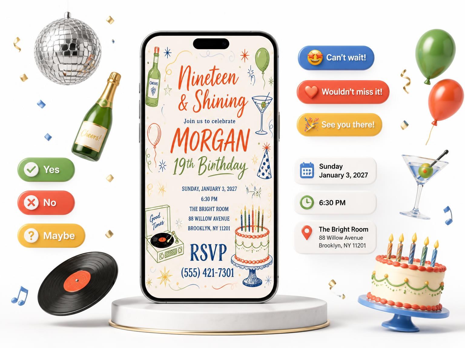The Retro Doodle 19th Birthday Invitation invitation on a phone, with guest RSVPs arriving around it