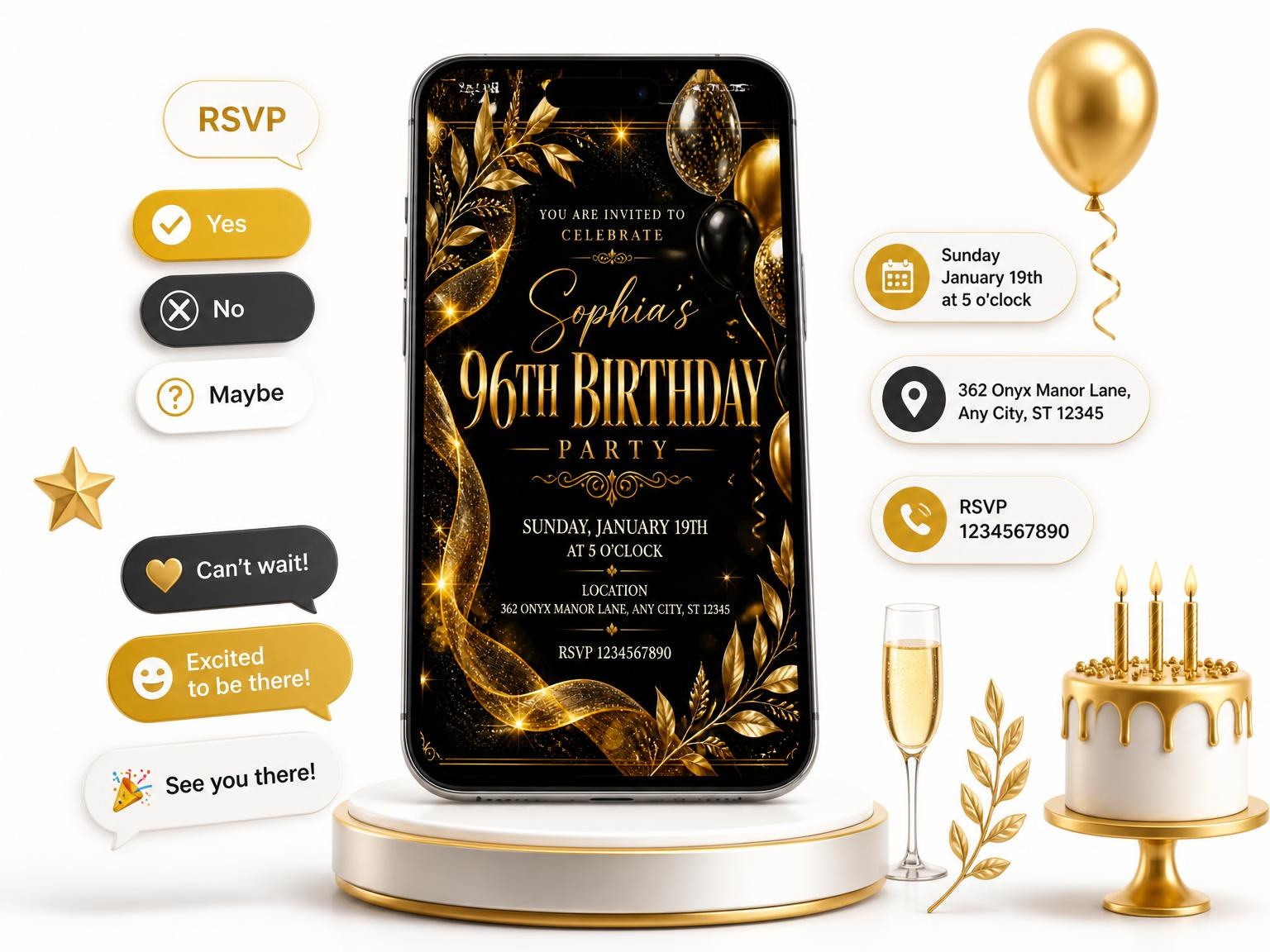 The Black and Gold 96th Birthday Invitation invitation on a phone, with guest RSVPs arriving around it