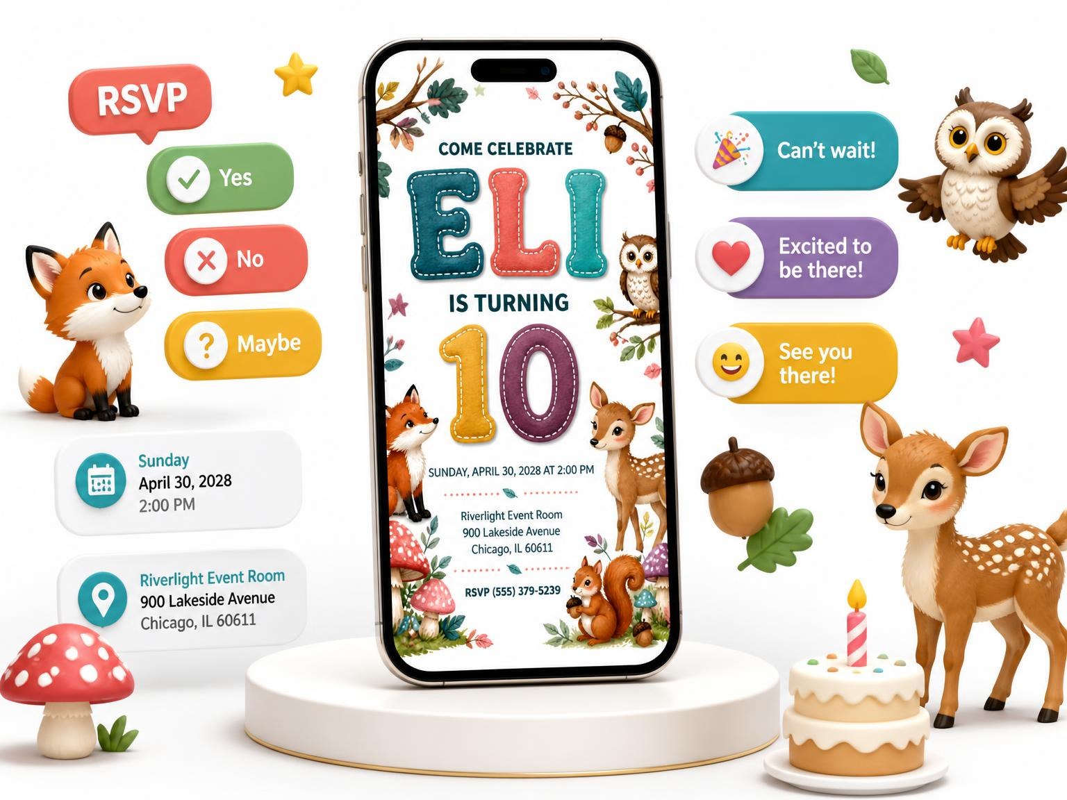 The Stitched Woodland 10th Birthday Invitation invitation on a phone, with guest RSVPs arriving around it