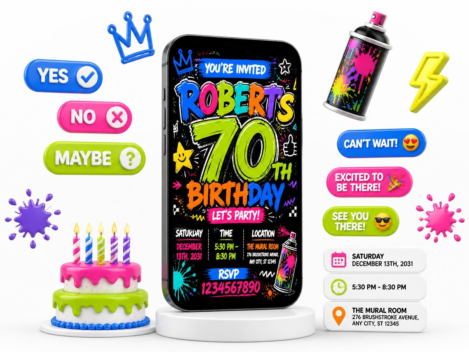 The Graffiti Street Art 70th Birthday Invitation invitation on a phone, with guest RSVPs arriving around it