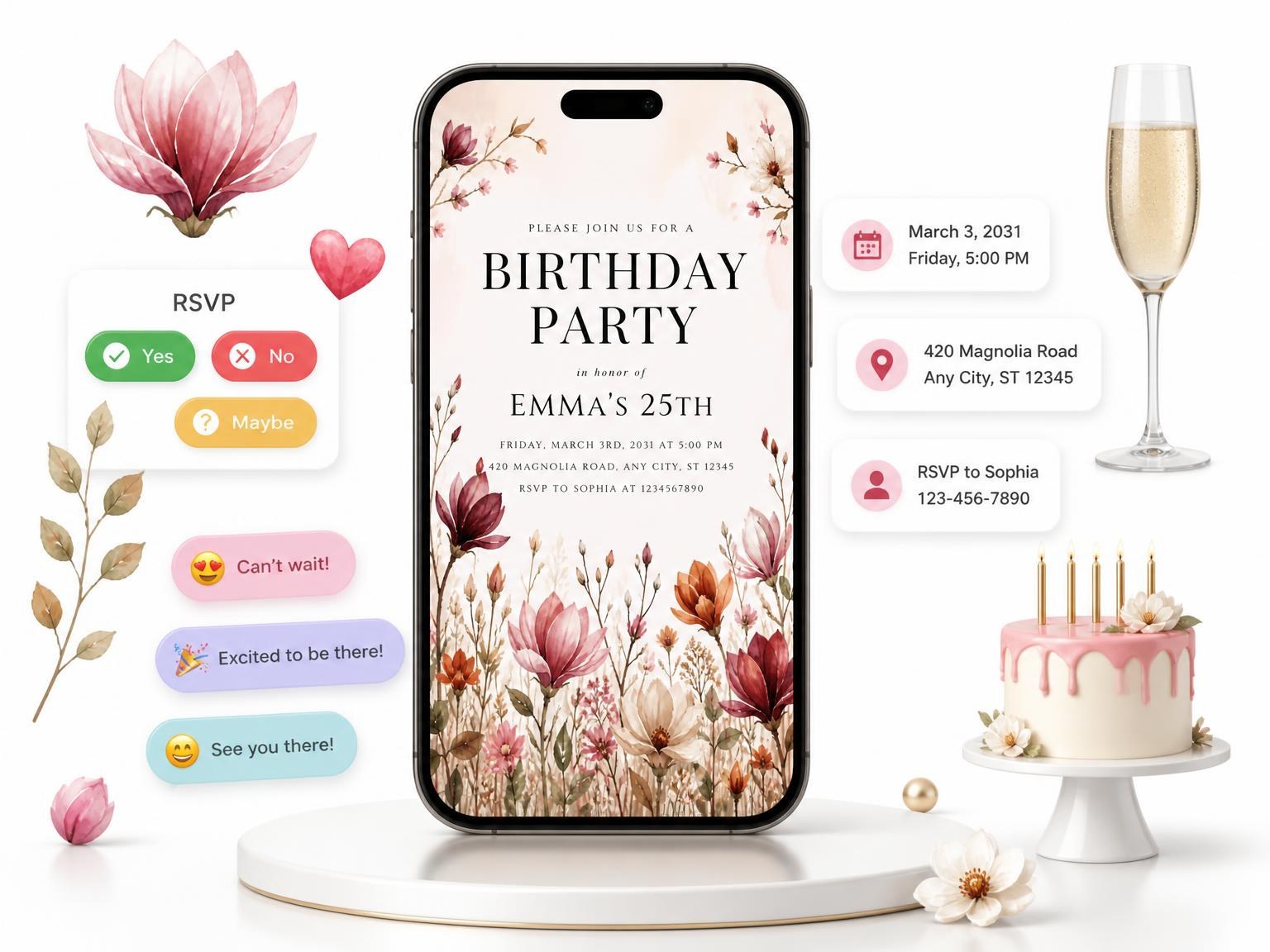 The Magnolia Branches Autumn 25th Birthday Invitation invitation on a phone, with guest RSVPs arriving around it