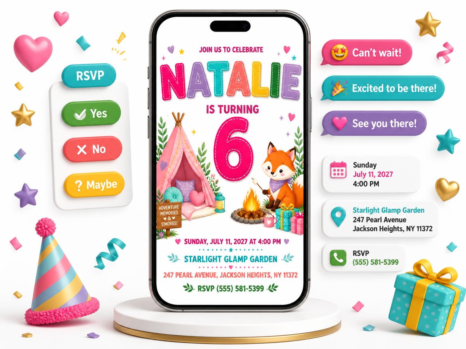 The Roasting Marshmallow 6th Birthday Invitation invitation on a phone, with guest RSVPs arriving around it