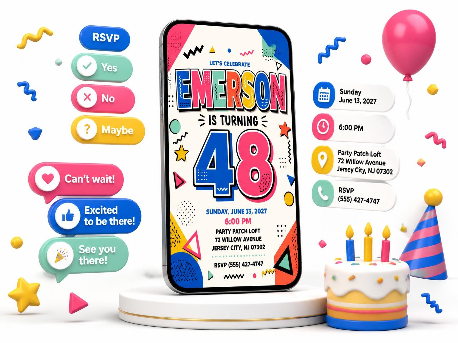 The Memphis Pop 48th Birthday Invitation invitation on a phone, with guest RSVPs arriving around it