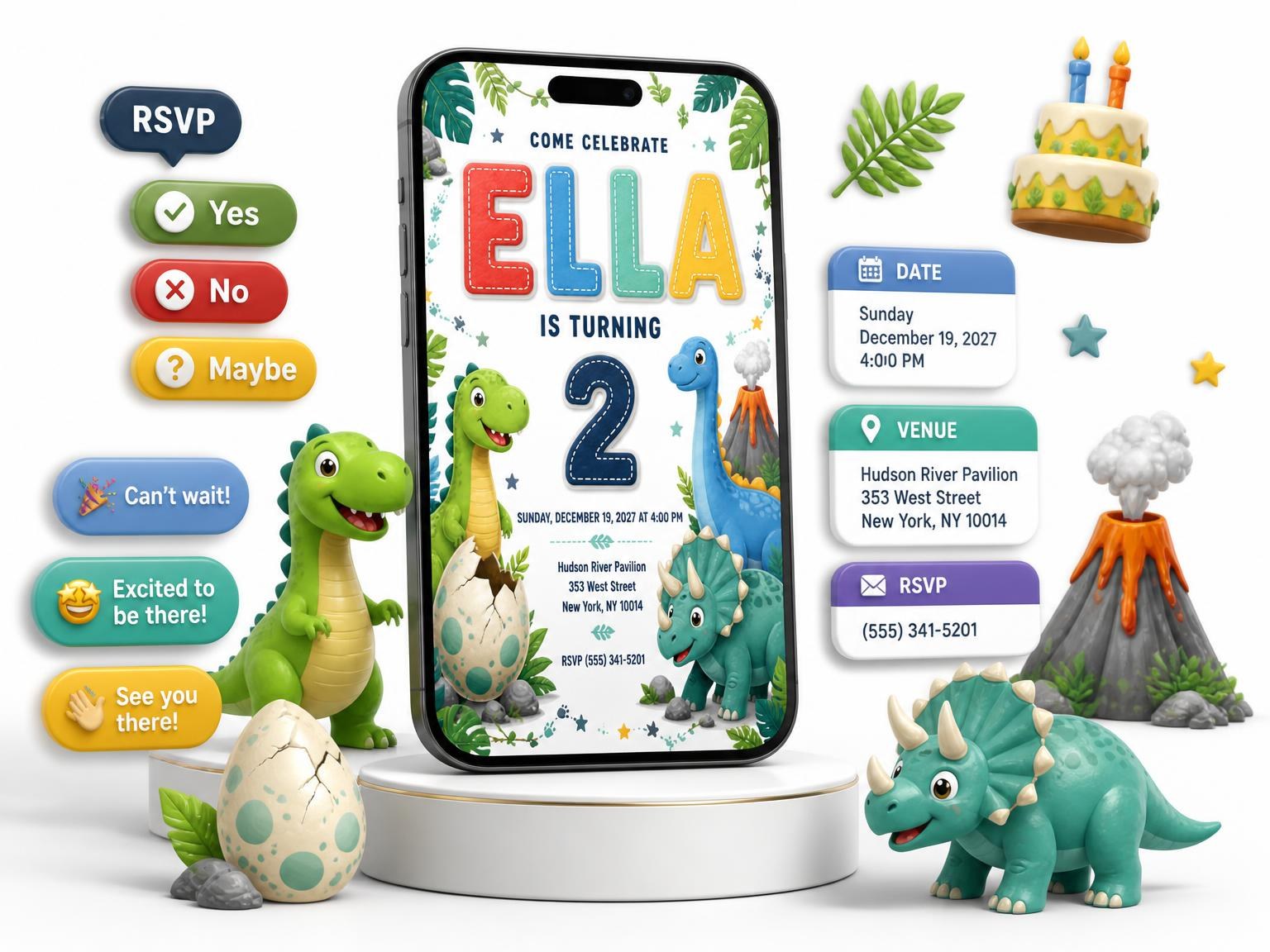 The Stitched Dinosaur 2nd Birthday Invitation invitation on a phone, with guest RSVPs arriving around it