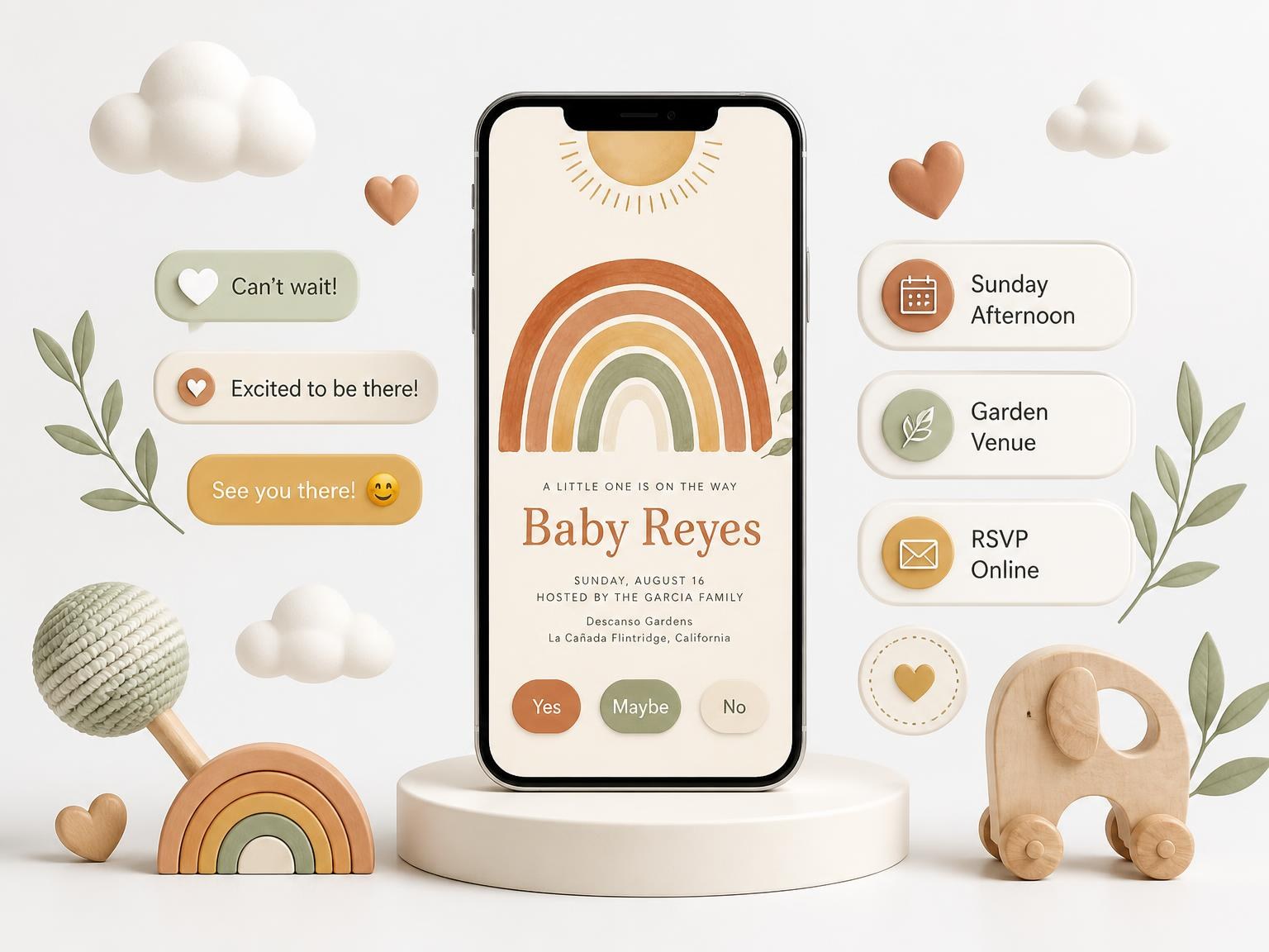 The Terracotta Rainbow Baby Shower Invitation invitation on a phone, with guest RSVPs arriving around it
