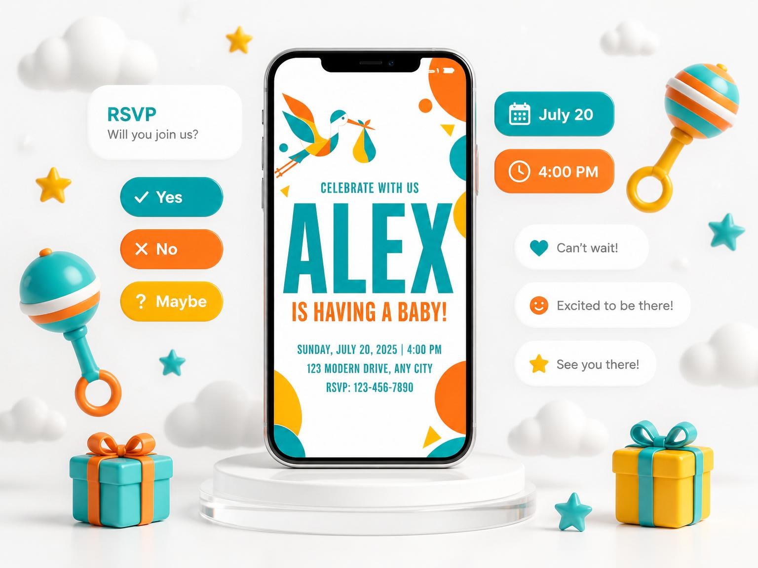 The Teal and Orange Geometric Stork Shower invitation on a phone, with guest RSVPs arriving around it