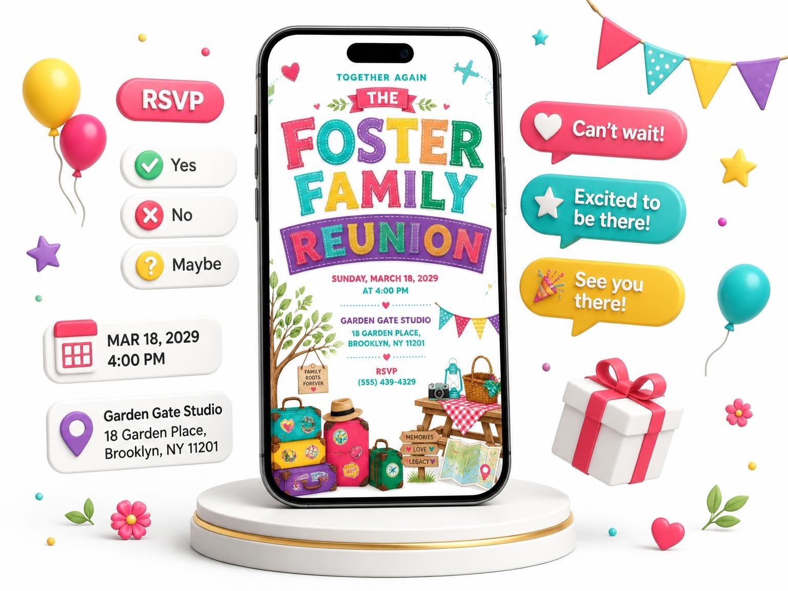 The Travel Suitcases Family Reunion Invitation invitation on a phone, with guest RSVPs arriving around it