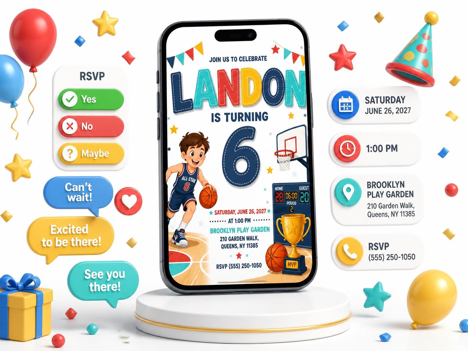 The Hoop Scoreboard 6th Birthday Invitation invitation on a phone, with guest RSVPs arriving around it