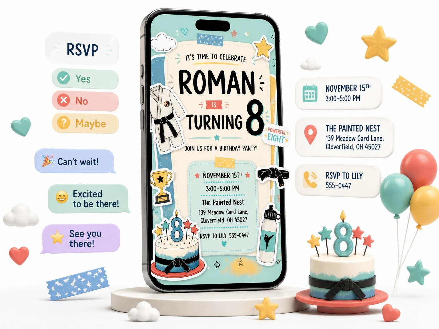 The Gi Uniform Pastel 8th Birthday Invitation invitation on a phone, with guest RSVPs arriving around it