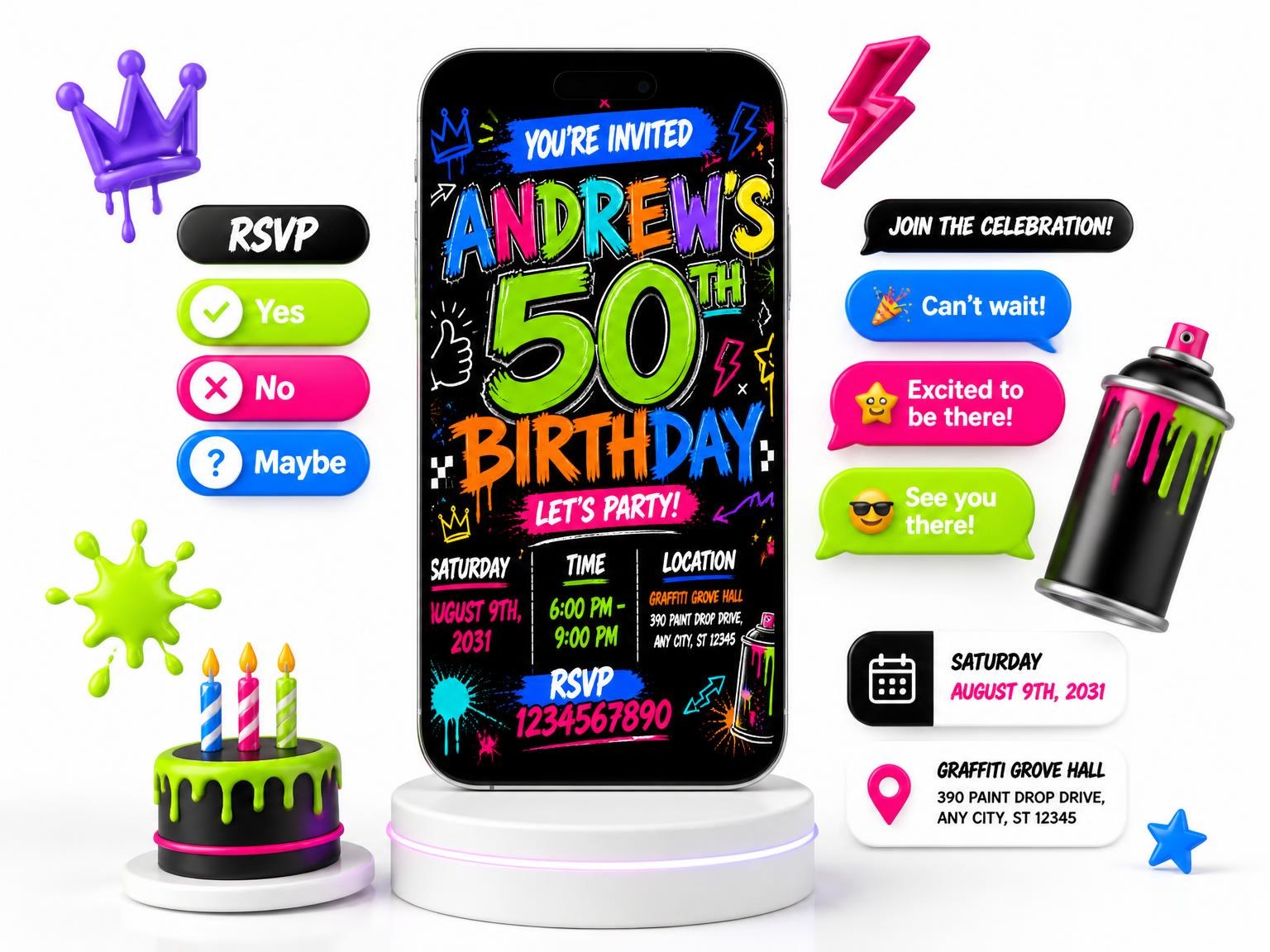 The Graffiti Street Art 50th Birthday Invitation invitation on a phone, with guest RSVPs arriving around it