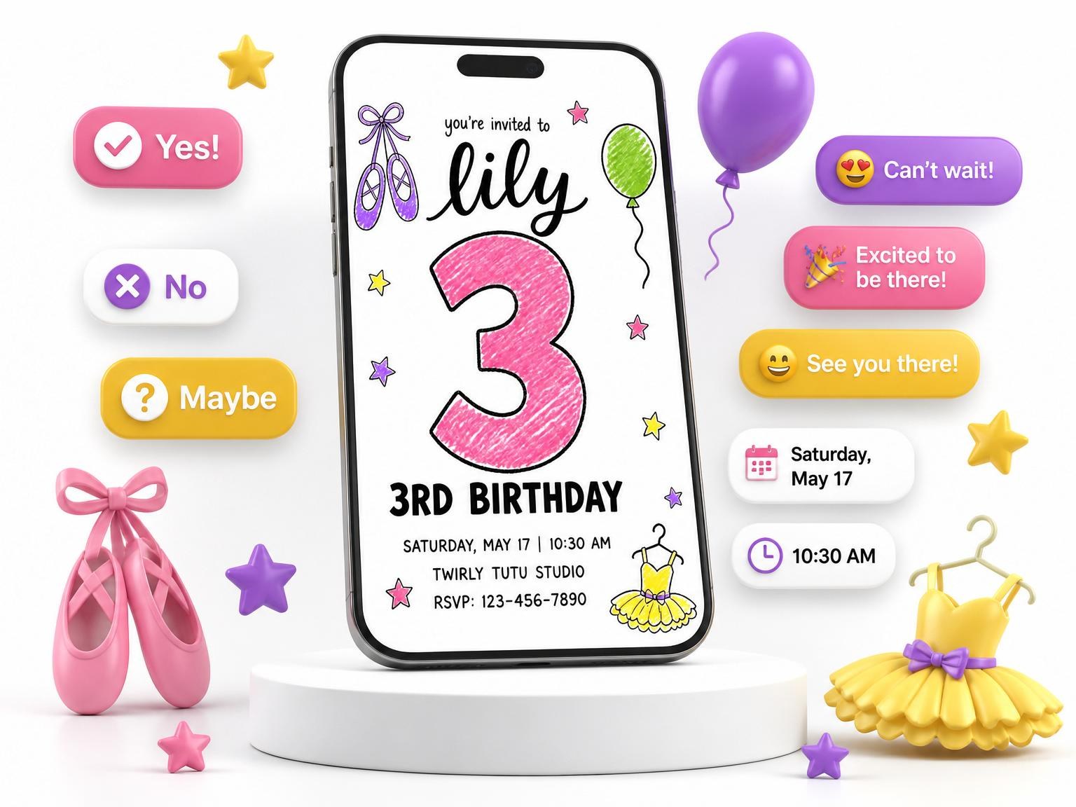 The Crayon Ballerina Tutu 3rd Birthday invitation on a phone, with guest RSVPs arriving around it