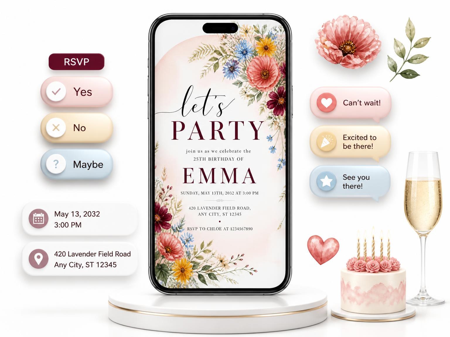 The Wildflower Bouquet Golden 25th Birthday Invitation invitation on a phone, with guest RSVPs arriving around it
