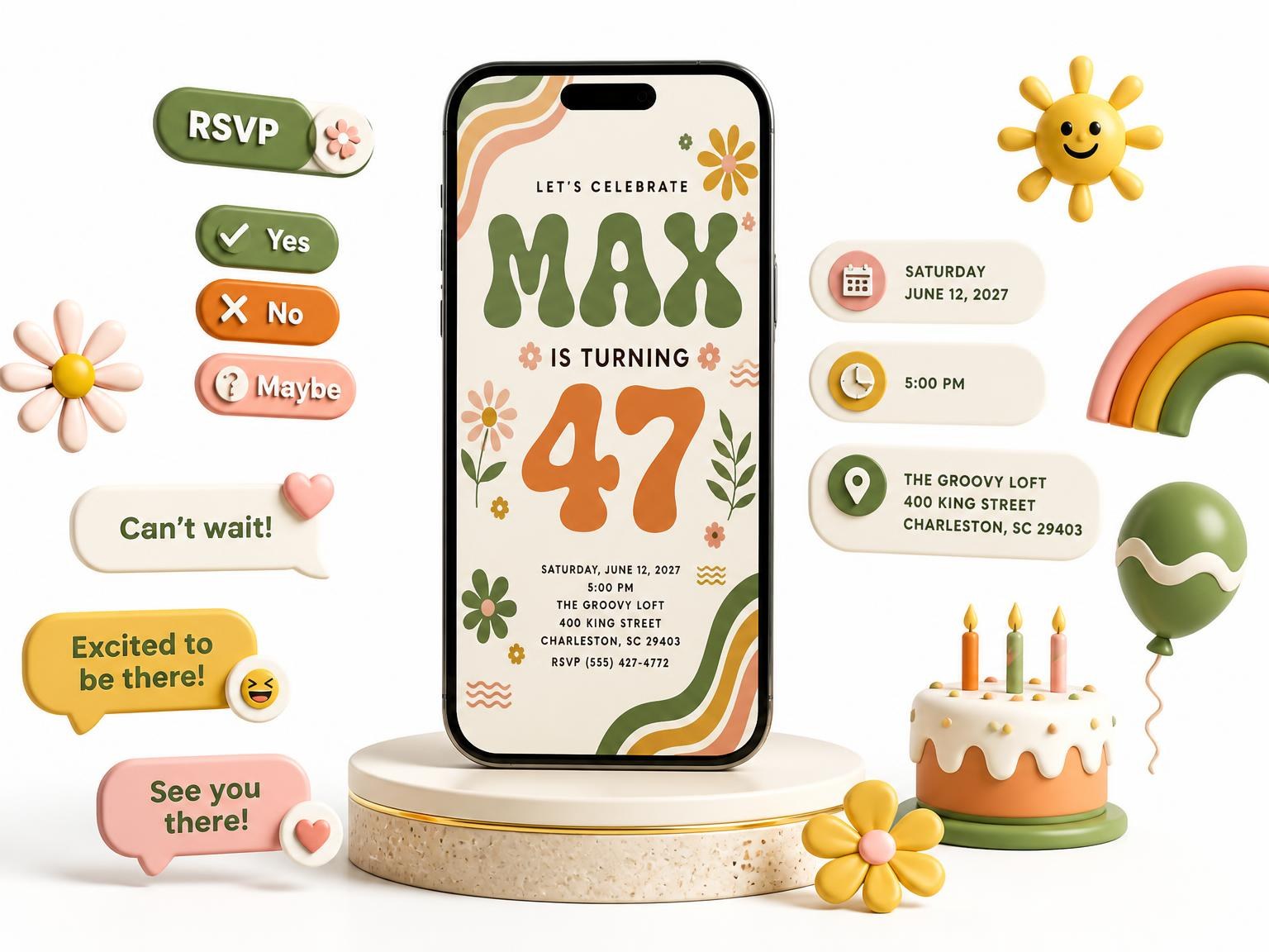 The Groovy Retro 47th Birthday Invitation invitation on a phone, with guest RSVPs arriving around it