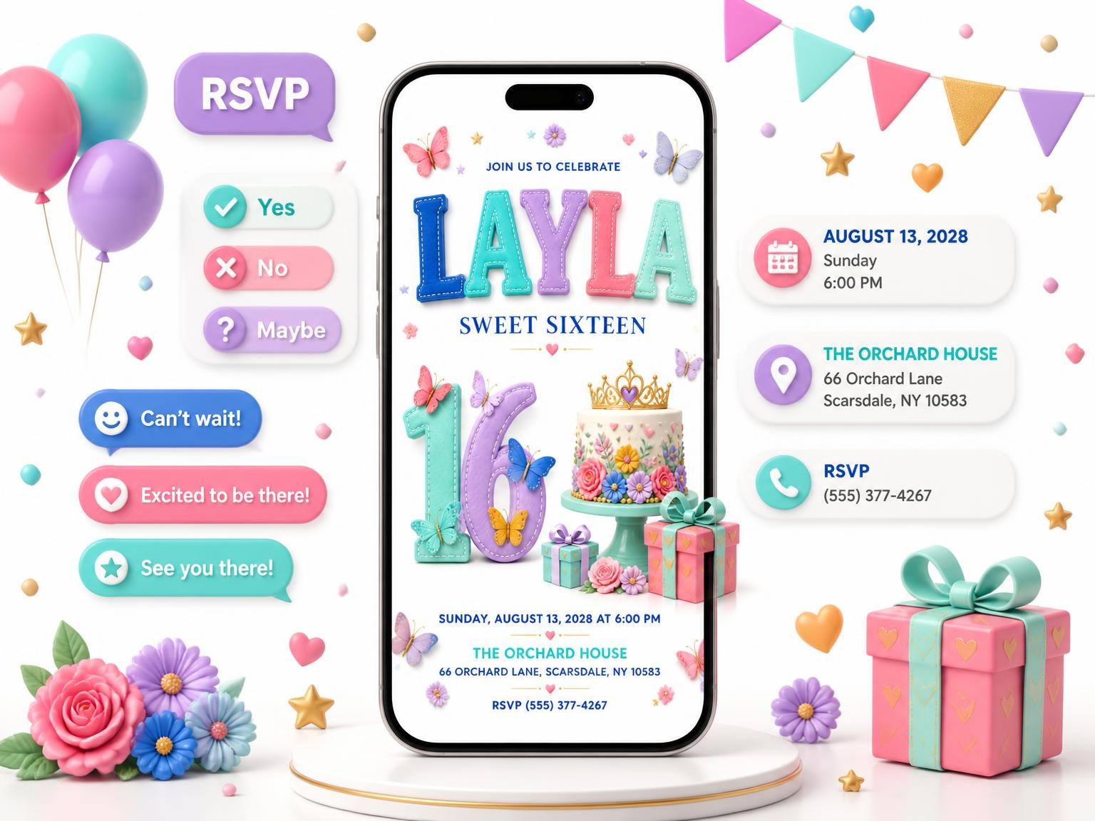 The Stitched Butterfly Sweet Sixteen Invitation invitation on a phone, with guest RSVPs arriving around it