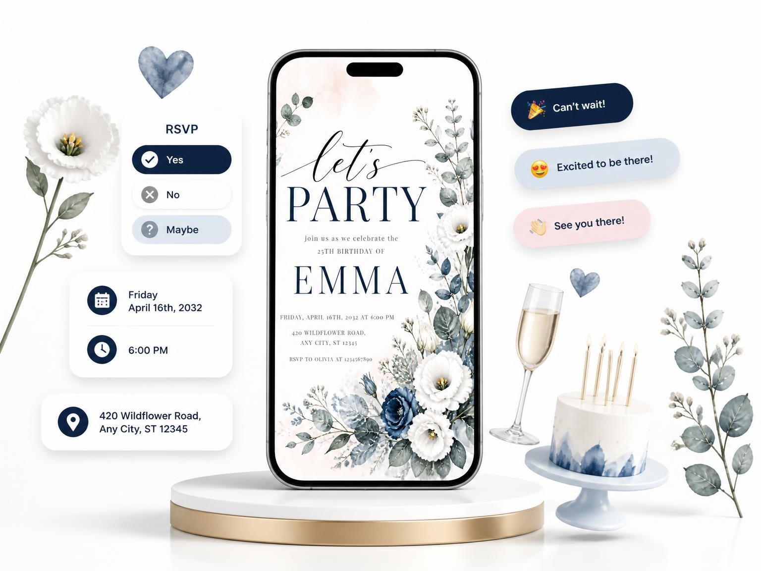 The White Botanical Dusty Blue 25th Birthday Invitation invitation on a phone, with guest RSVPs arriving around it