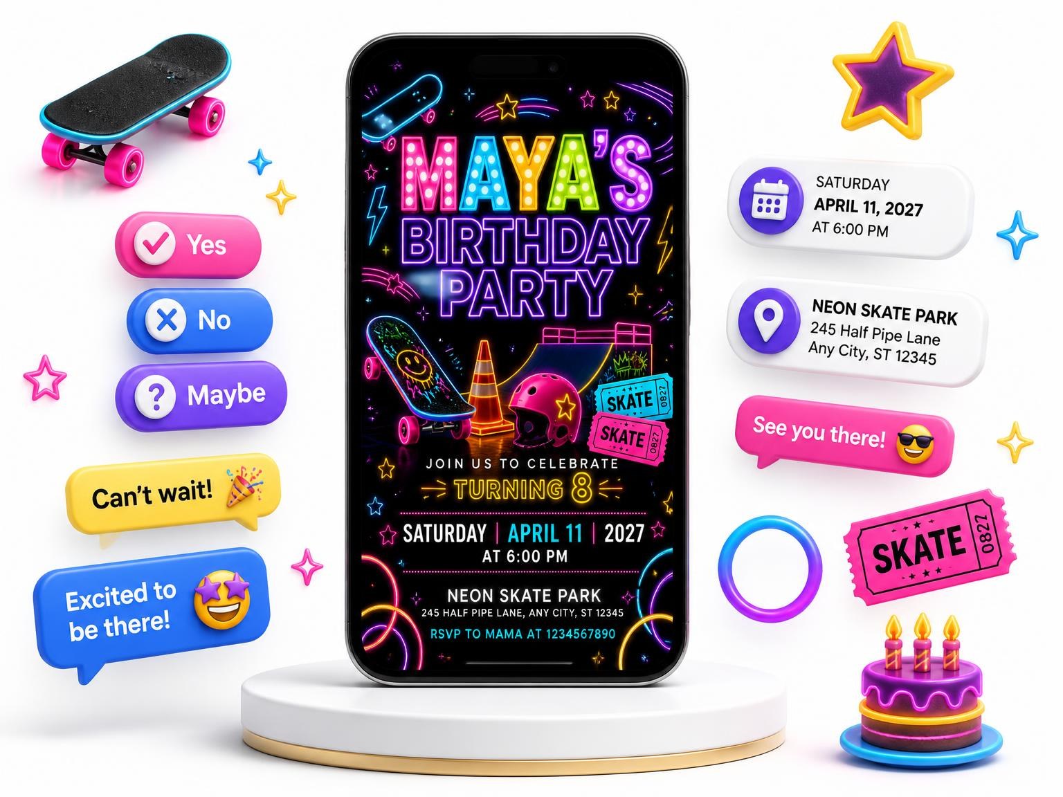 The Neon Skateboard 8th Birthday Invitation invitation on a phone, with guest RSVPs arriving around it