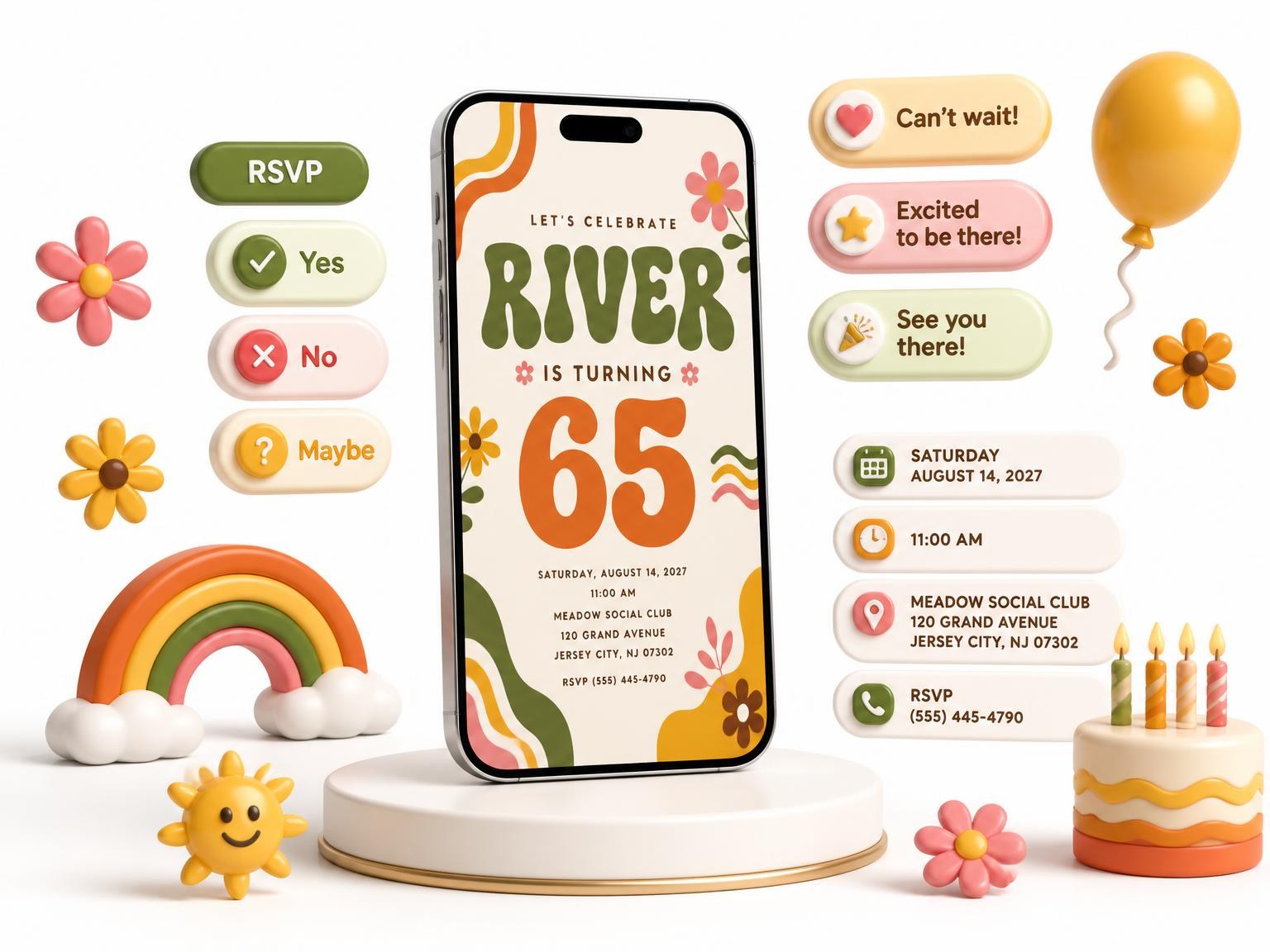 The Groovy Retro 65th Birthday Invitation invitation on a phone, with guest RSVPs arriving around it